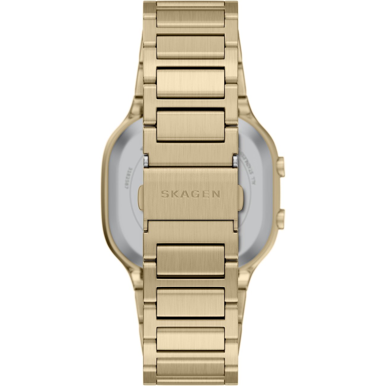 Rückseite einer goldfarbenen Skagen Herrenuhr aus Edelstahl mit sichtbarer Schließe und Markenlogo.