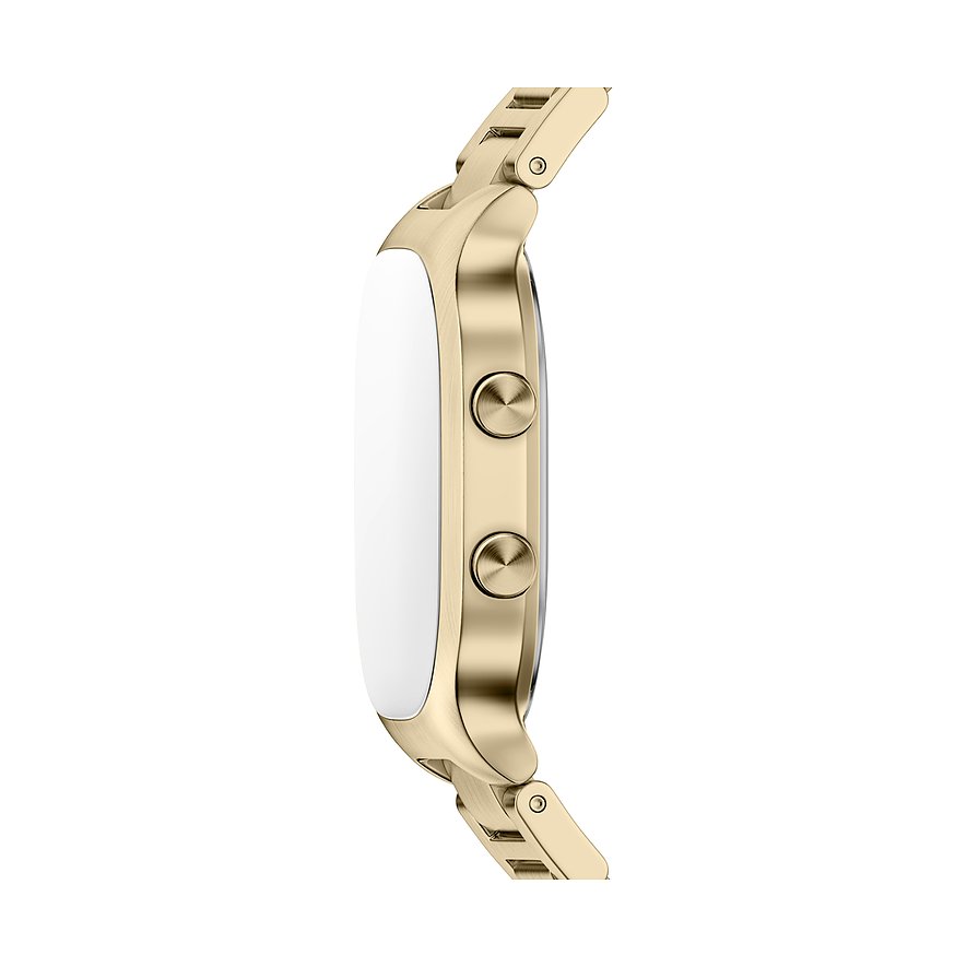 Seitenansicht der Herrenuhr von Skagen aus goldfarbenem Edelstahl mit zwei Knöpfen an der Seite und einem weißen Zifferblatt.