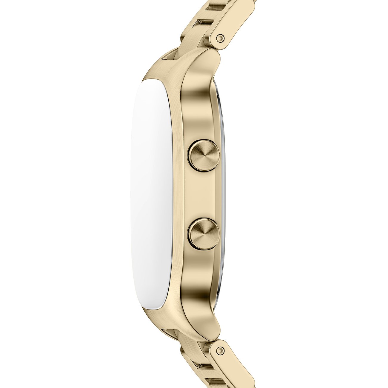 Seitenansicht der Herrenuhr von Skagen aus goldfarbenem Edelstahl mit zwei Knöpfen an der Seite und einem weißen Zifferblatt.