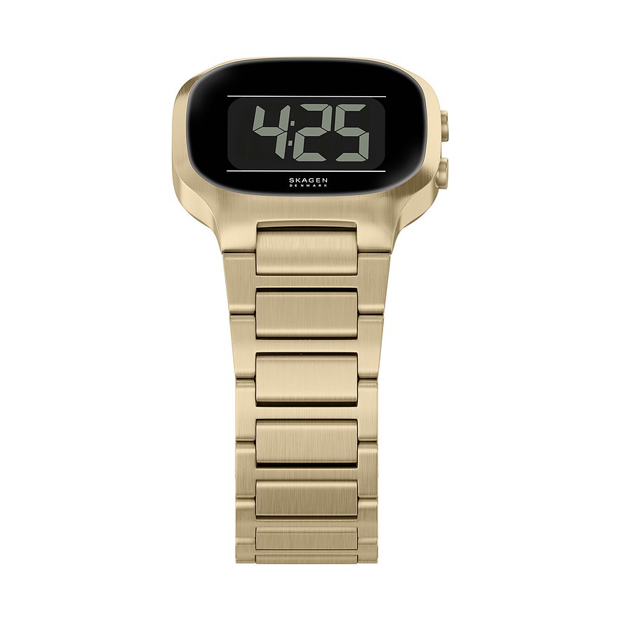 Skagen Herrenuhr aus goldfarbenem Edelstahl mit digitalem Zifferblatt, auf dem „4:25“ angezeigt wird.