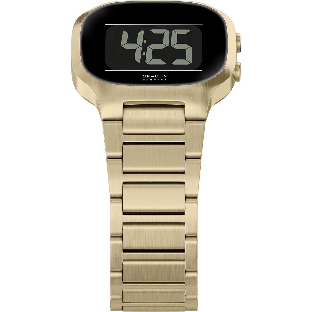 Skagen Herrenuhr aus goldfarbenem Edelstahl mit digitalem Zifferblatt, auf dem „4:25“ angezeigt wird.