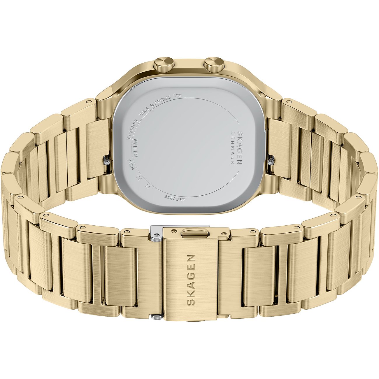 Rückseite einer quaderförmigen Skagen Herrenuhr aus goldfarbenem Edelstahl mit geschlossenem Gliederarmband.