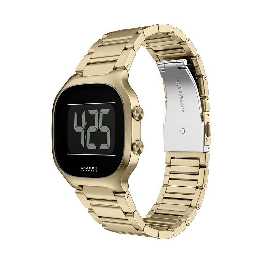 Skagen Herrenuhr aus goldfarbenem Edelstahl, links von oben gesehen, zeigt ein schwarzes Digitaldisplay mit 4:25 Uhr.