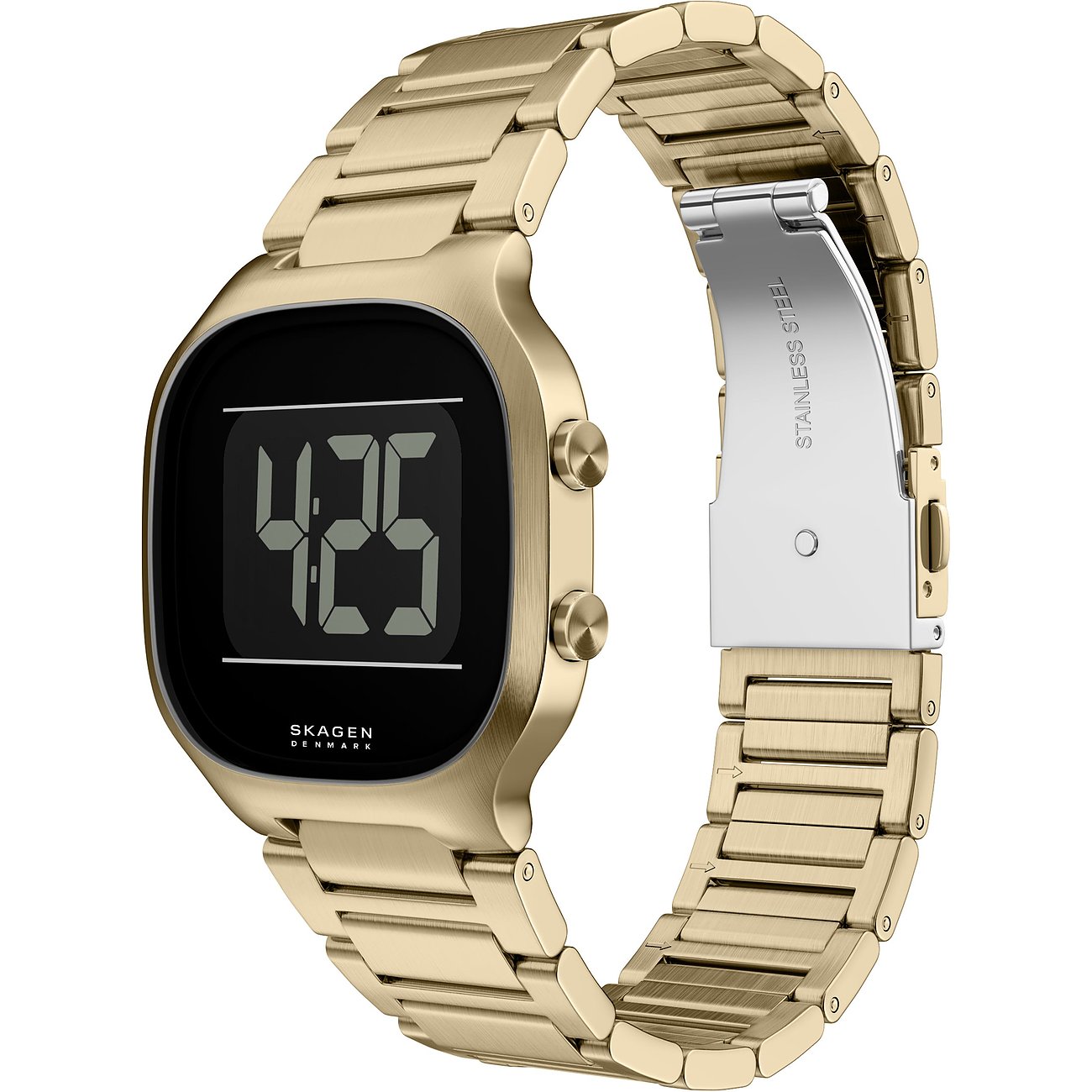 Skagen Herrenuhr aus goldfarbenem Edelstahl, links von oben gesehen, zeigt ein schwarzes Digitaldisplay mit 4:25 Uhr.