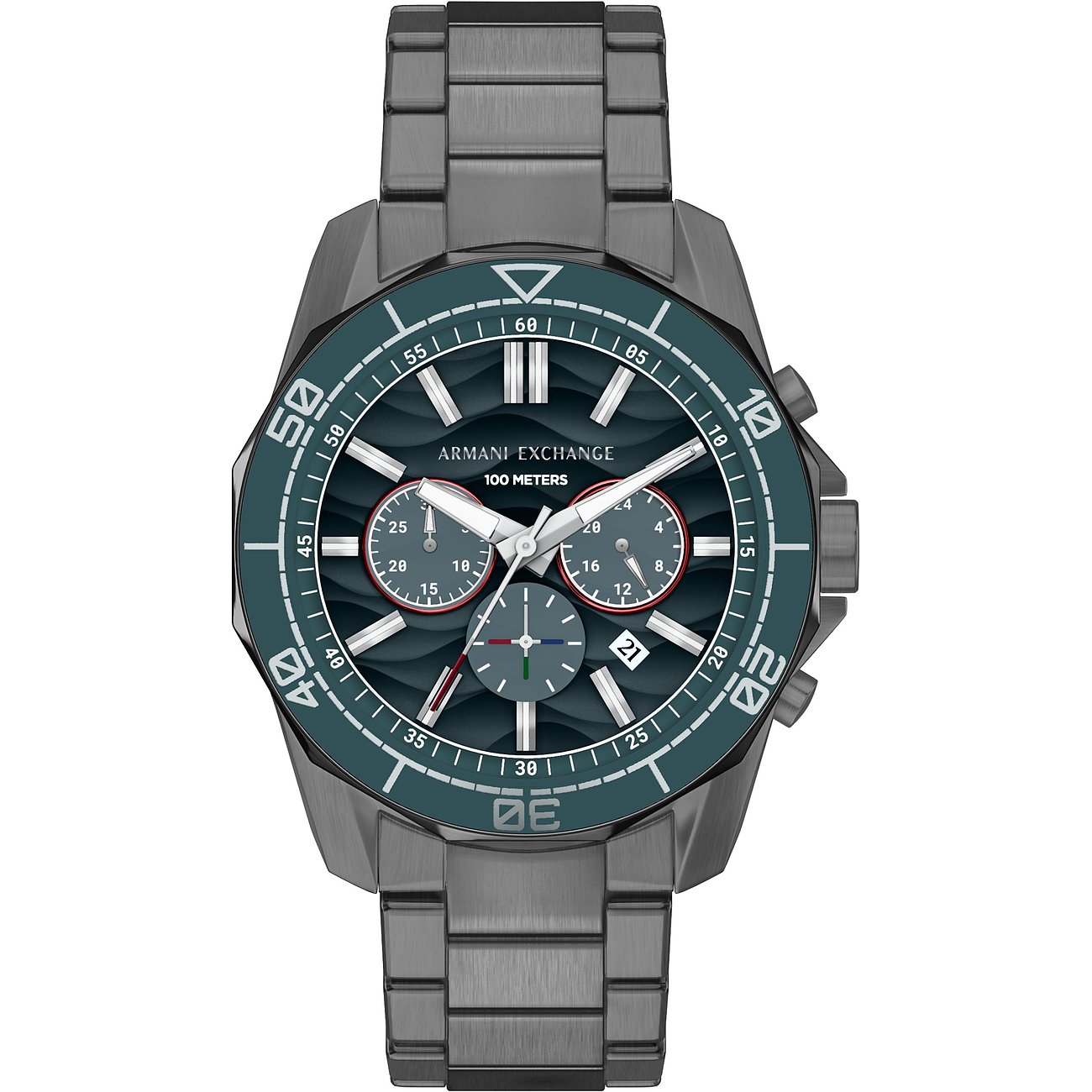 Armani Exchange Herrenuhr aus blauem Edelstahl mit Chronograph auf weißem Hintergrund.