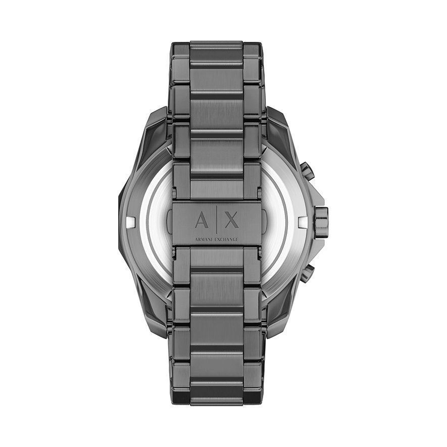 Rückansicht der Armani Exchange Herrenuhr aus dunkelgrauem Edelstahl mit Logoprägung auf der Schließe.