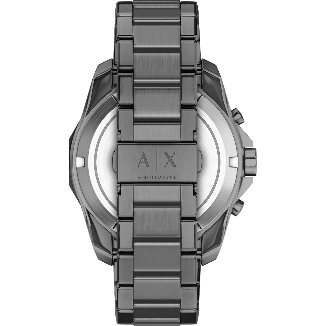 Rückansicht der Armani Exchange Herrenuhr aus dunkelgrauem Edelstahl mit Logoprägung auf der Schließe.