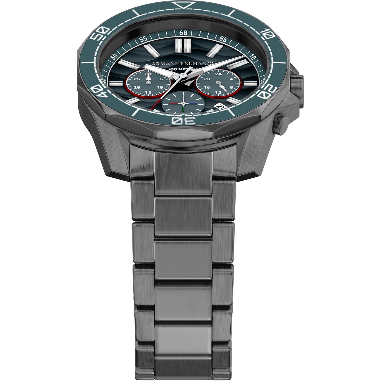 Armani Exchange Herrenuhr aus Edelstahl mit dunklem Zifferblatt, Chronographen-Funktion und dunkelgrüner Lünette.