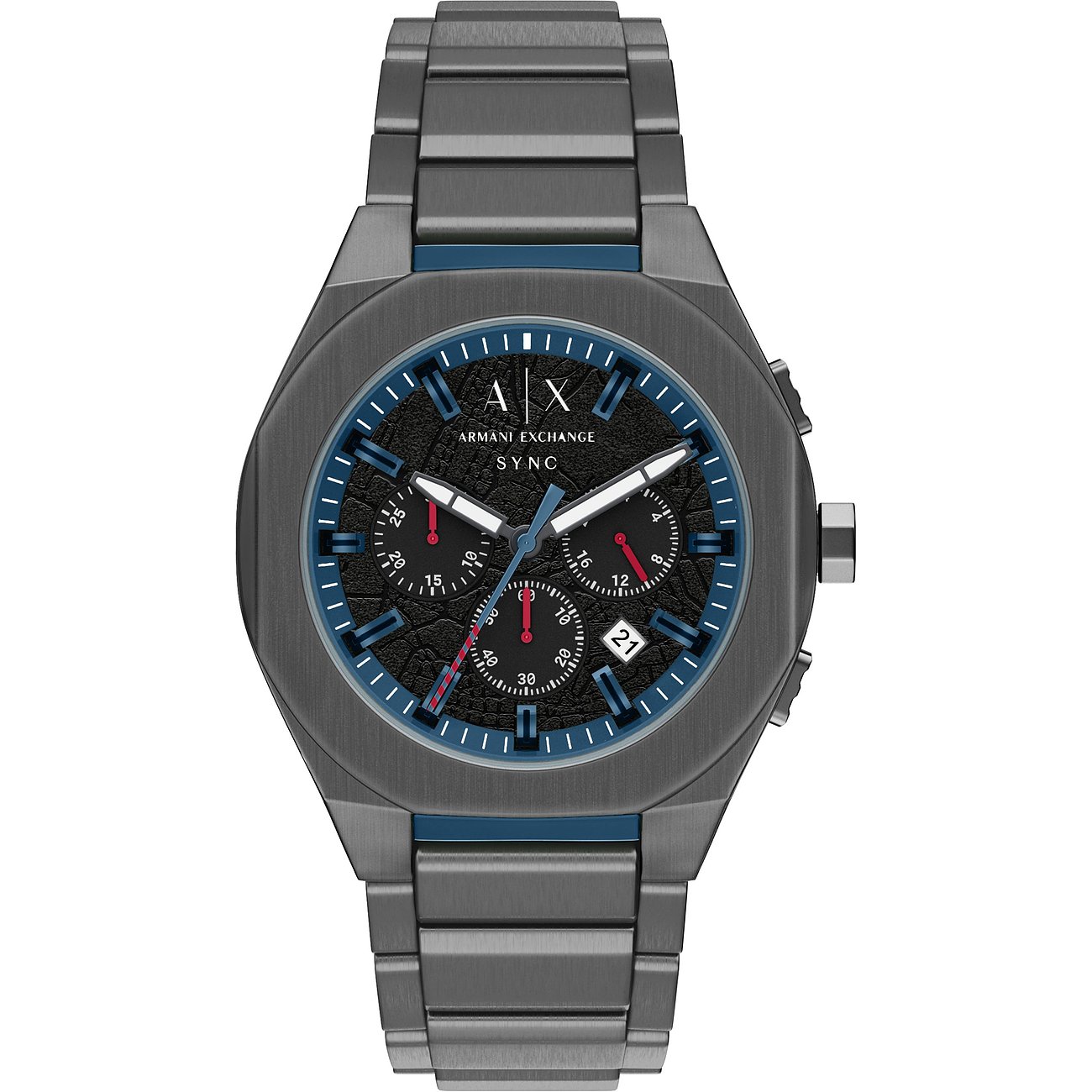 Armani Exchange Herrenuhr „Sync“ aus anthrazitfarbenem Edelstahl mit Chronograph auf schwarzem Zifferblatt.