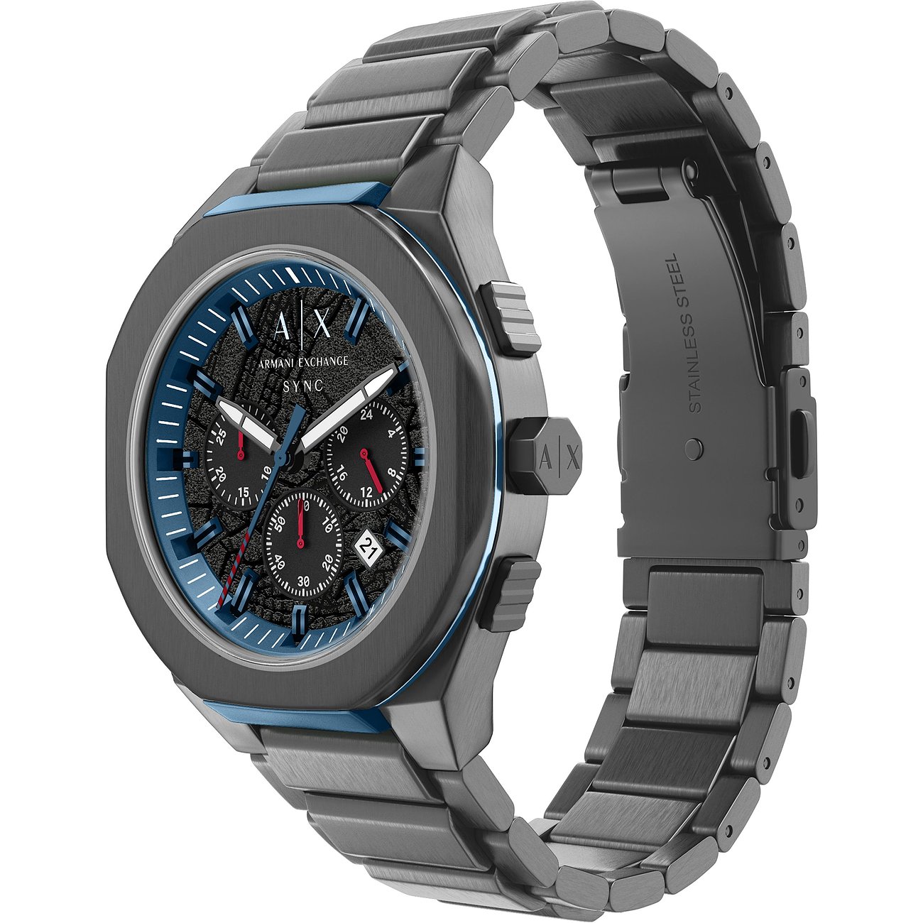 Armani Exchange Herrenuhr aus schwarzem Edelstahl mit blauem Zifferblatt und Chronographenanzeige, leicht schräg von oben.