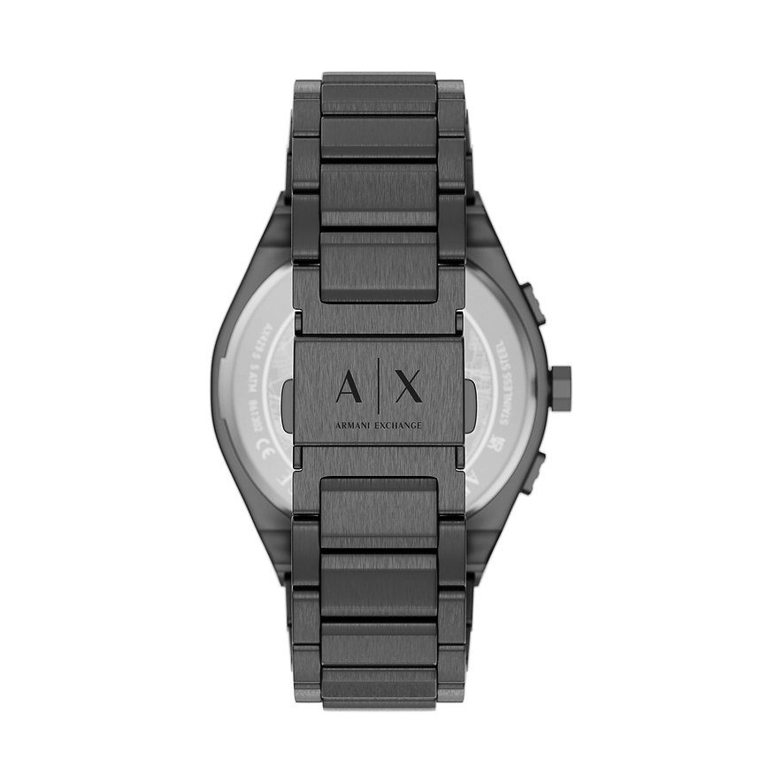 Rückansicht der Armani Exchange Herrenuhr aus schwarzem Edelstahl mit graviertem Logo auf dem Armband.