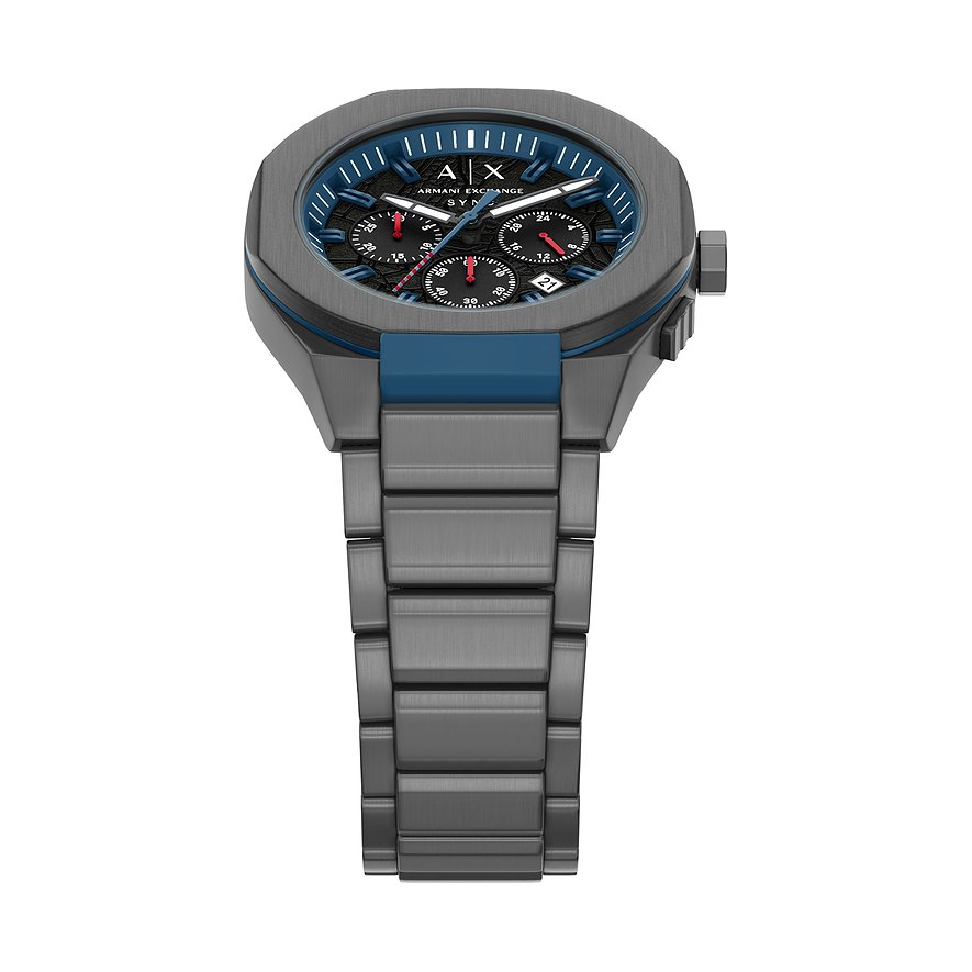 Armani Exchange Herrenuhr aus Edelstahl mit dunklem Zifferblatt, leuchtend blauen Akzenten und drei kleinen Zifferblättern.