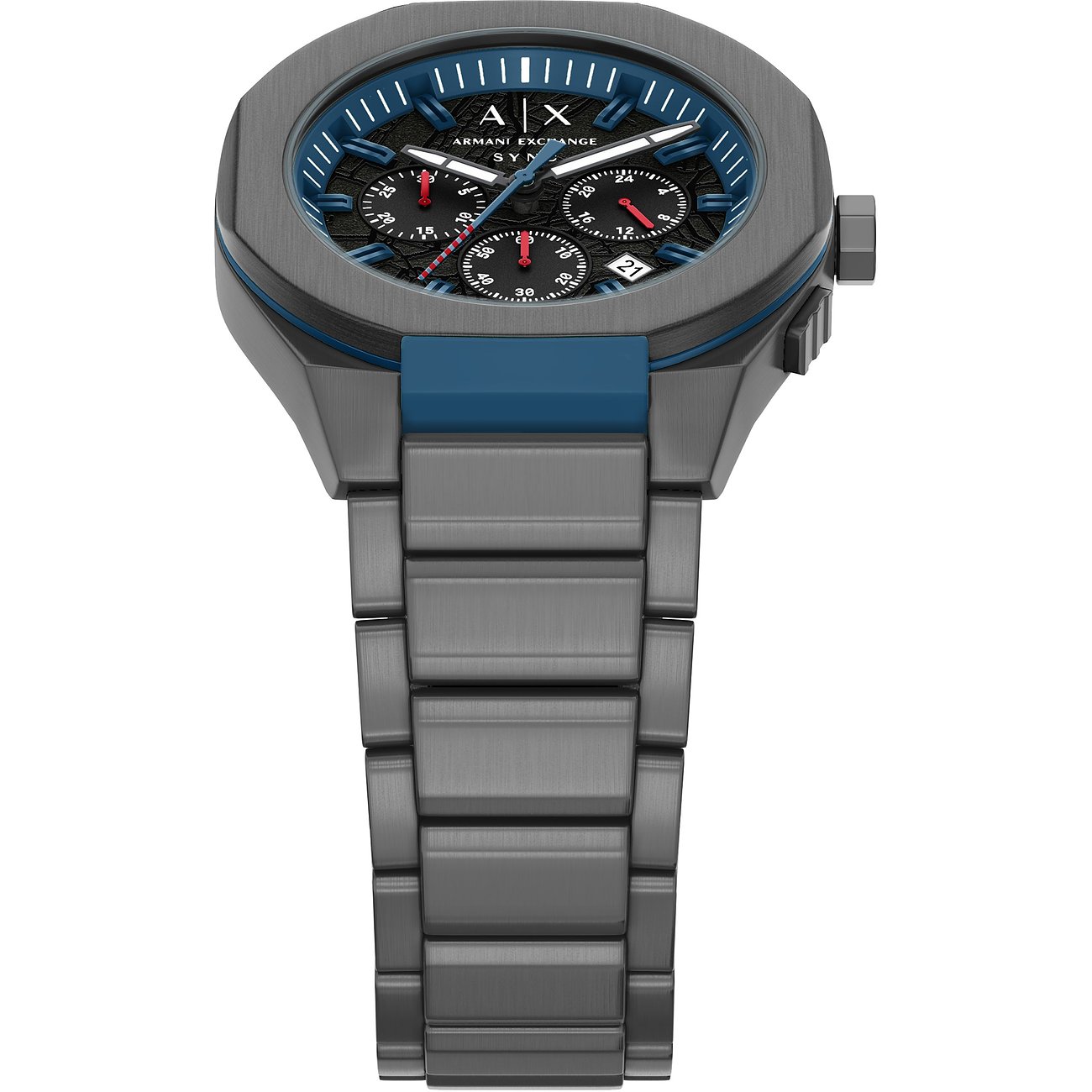 Armani Exchange Herrenuhr aus Edelstahl mit dunklem Zifferblatt, leuchtend blauen Akzenten und drei kleinen Zifferblättern.