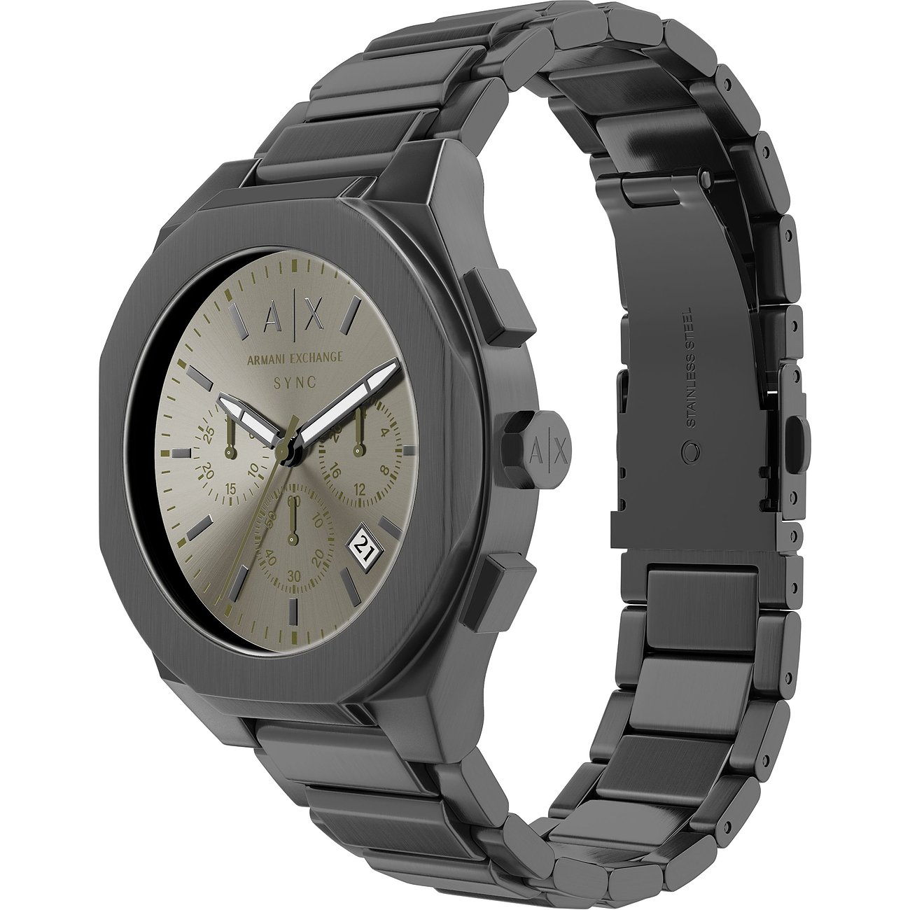 Armani Exchange Herrenuhr „Sync“ aus schwarzem Edelstahl mit grauem Zifferblatt, Chronograph, schräg oben.