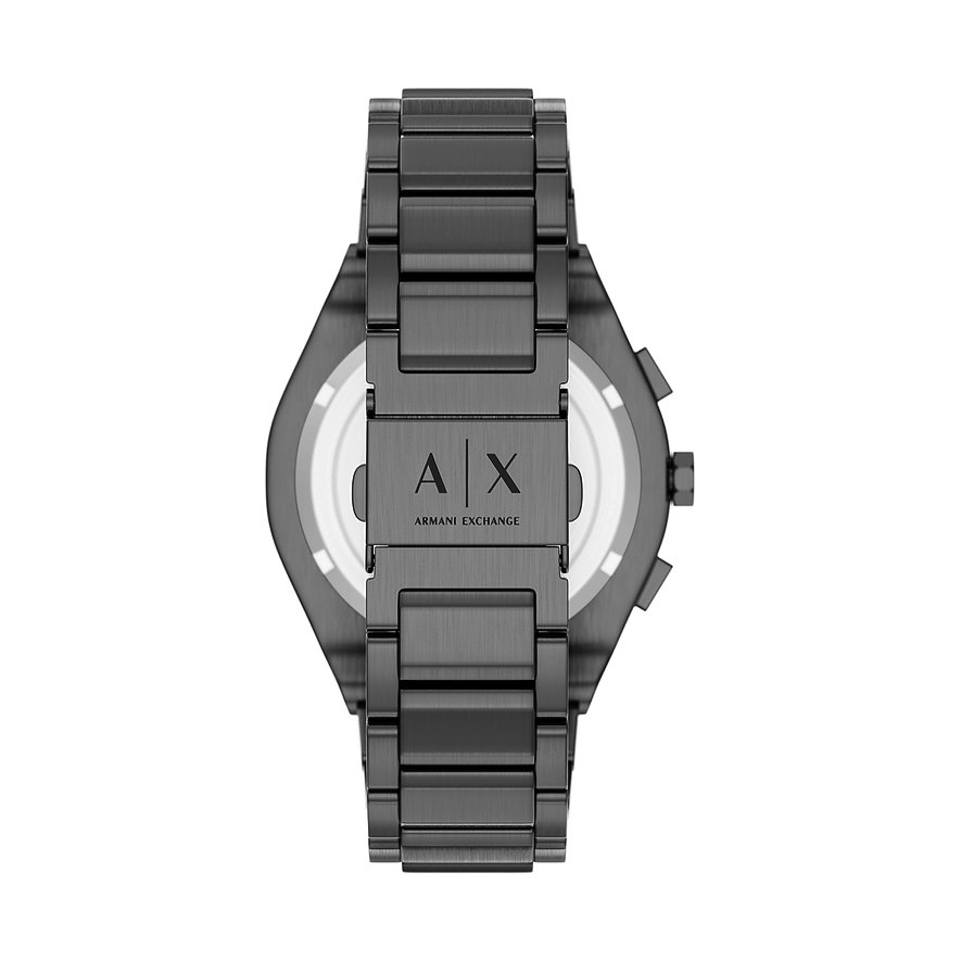Rückansicht der Armani Exchange Herrenuhr aus dunkelgrauem Edelstahl mit Logoprägung auf dem Armbandverschluss.