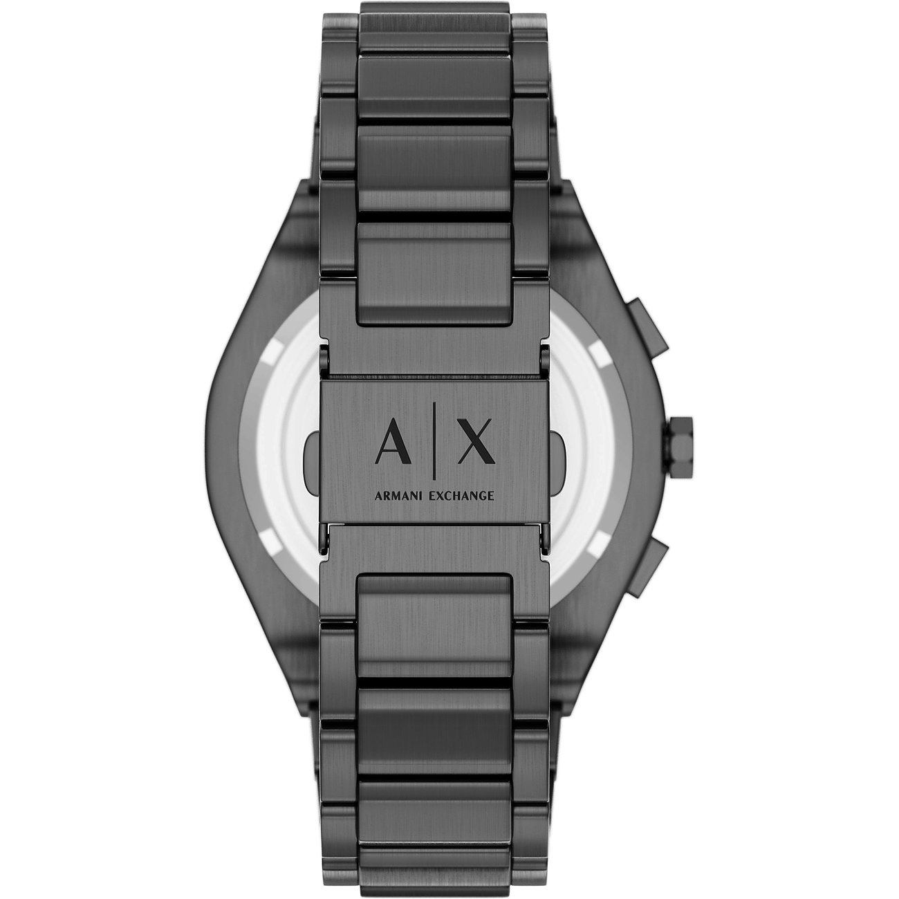 Rückansicht der Armani Exchange Herrenuhr aus dunkelgrauem Edelstahl mit Logoprägung auf dem Armbandverschluss.
