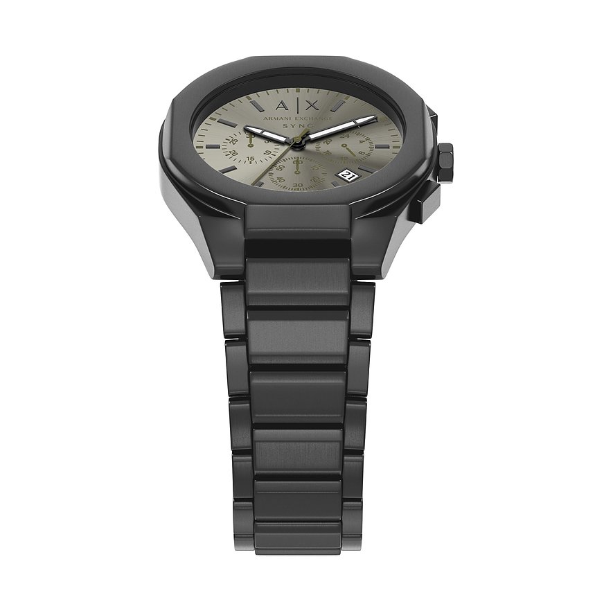 Armani Exchange Herrenuhr aus schwarzem Edelstahl mit grauem Zifferblatt, schrägen Knöpfen und Datumsanzeige.