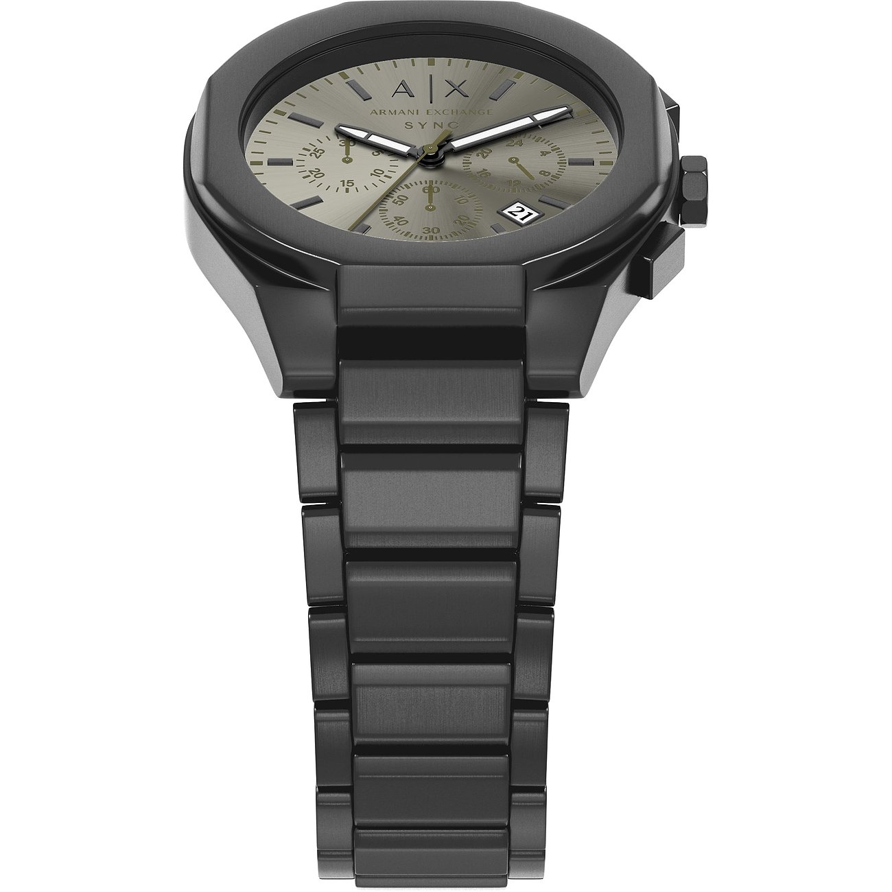 Armani Exchange Herrenuhr aus schwarzem Edelstahl mit grauem Zifferblatt, schrägen Knöpfen und Datumsanzeige.