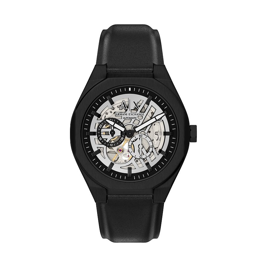Armani Exchange Herrenuhr aus schwarzem Edelstahl mit schwarzem Lederarmband und sichtbarem Uhrwerk.