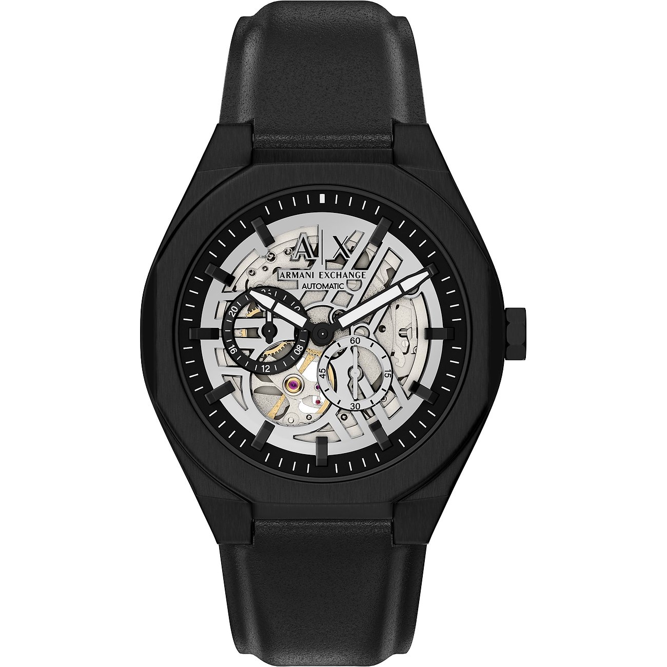 Armani Exchange Herrenuhr aus schwarzem Edelstahl mit schwarzem Lederarmband und sichtbarem Uhrwerk.