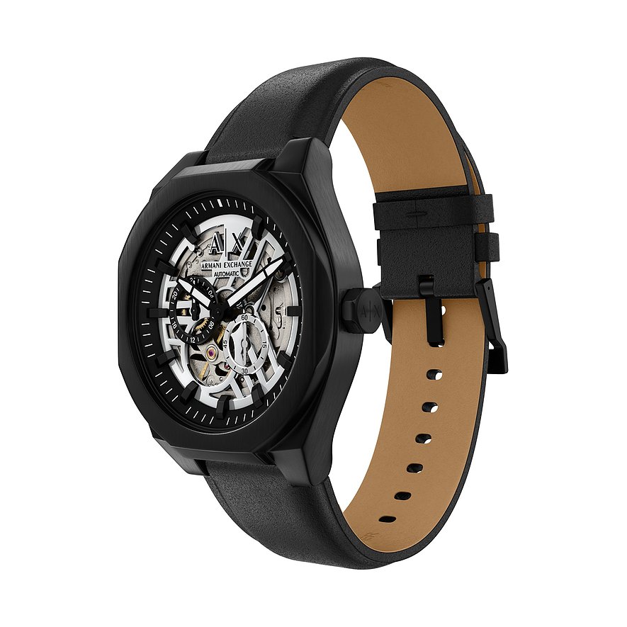 Armani Exchange Herrenuhr aus schwarzem Edelstahl mit Lederarmband und schwarzem Skelett-Zifferblatt.