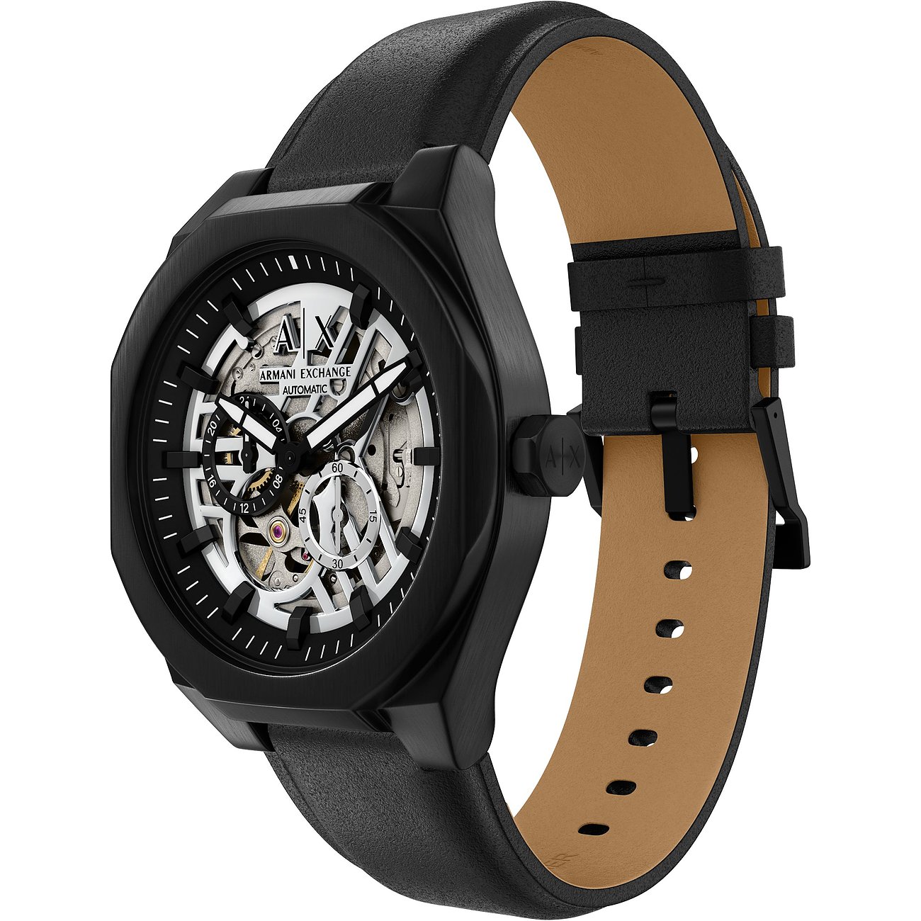 Armani Exchange Herrenuhr aus schwarzem Edelstahl mit Lederarmband und schwarzem Skelett-Zifferblatt.