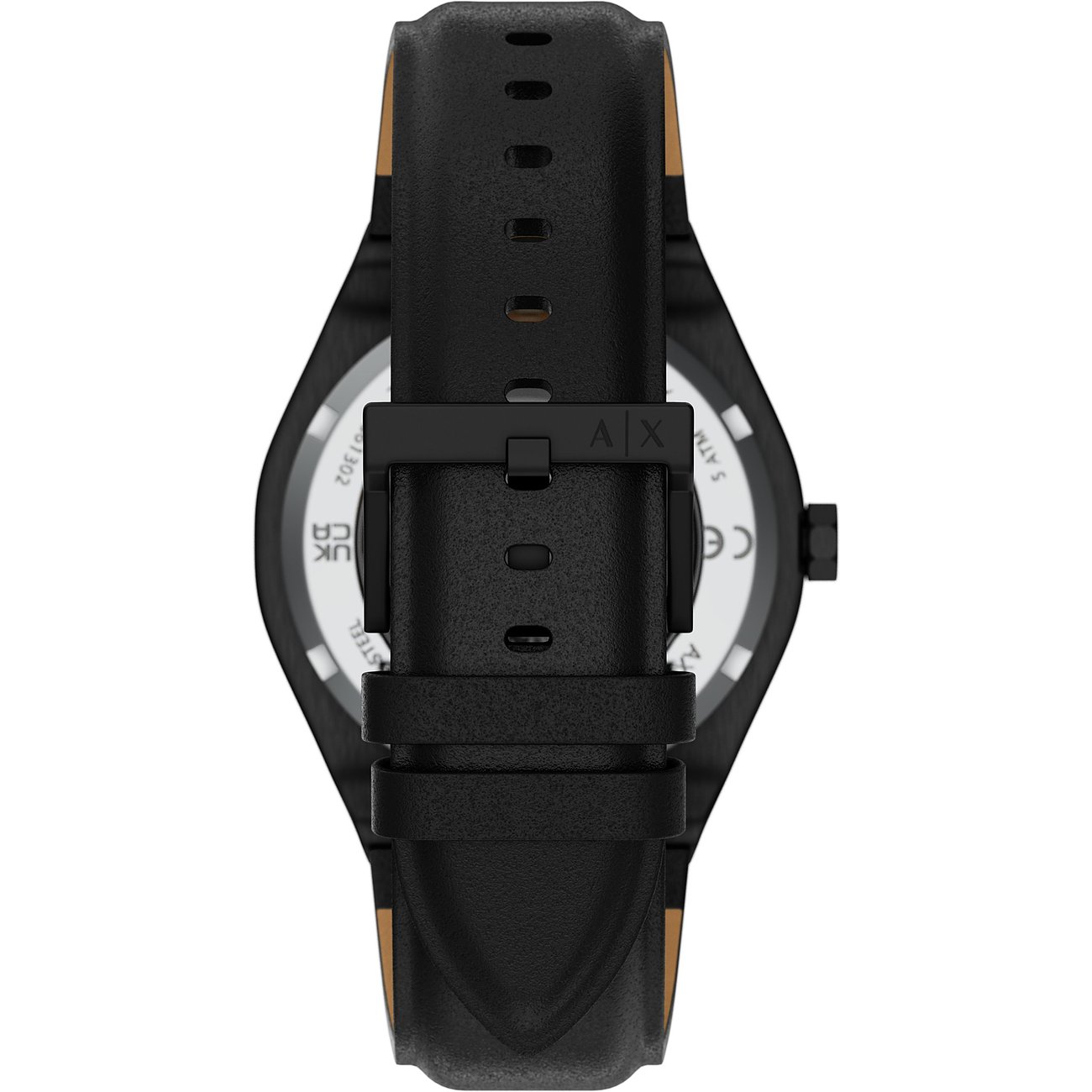 Rückansicht der Armani Exchange Herrenuhr aus schwarzem Edelstahl mit Lederarmband und Dornschließe.