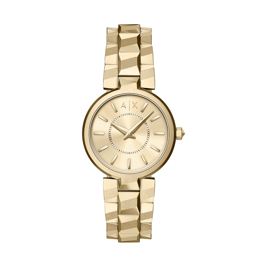 Orologio da donna Armani Exchange in acciaio inossidabile color oro con bracciale a maglie, su sfondo bianco.