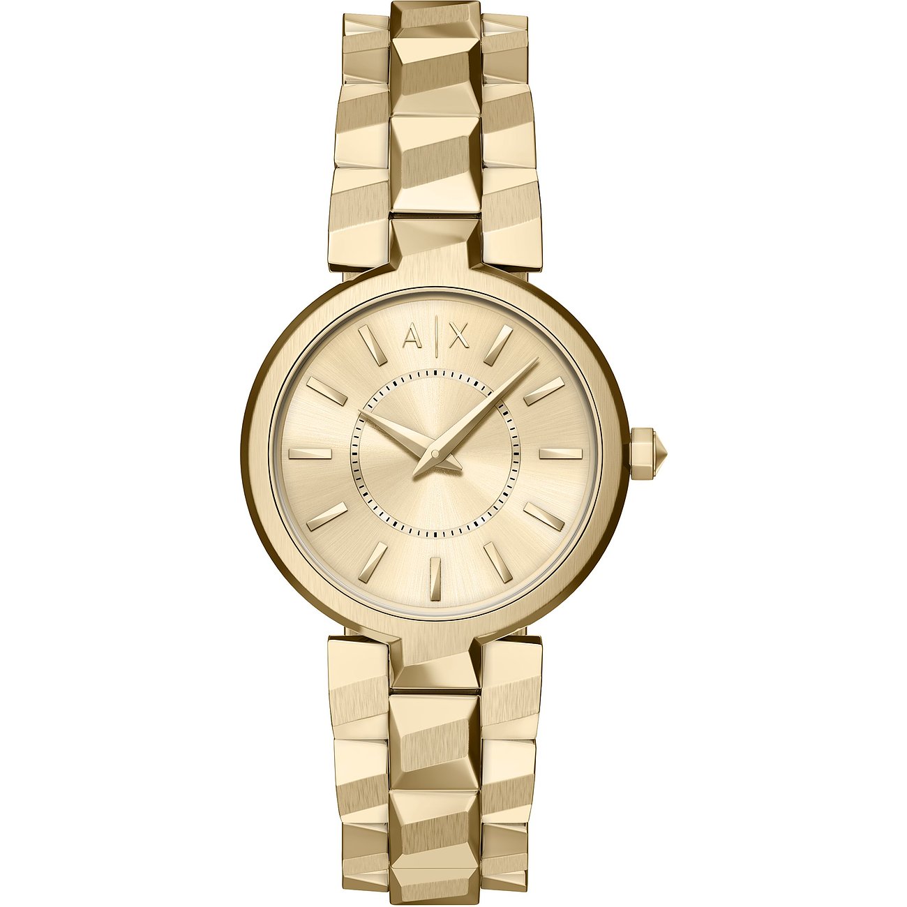 Orologio da donna Armani Exchange in acciaio inossidabile color oro con bracciale a maglie, su sfondo bianco.