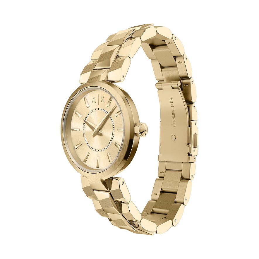 Orologio da donna Armani Exchange in acciaio inossidabile color oro. Il quadrante opaco presenta lancette dorate.