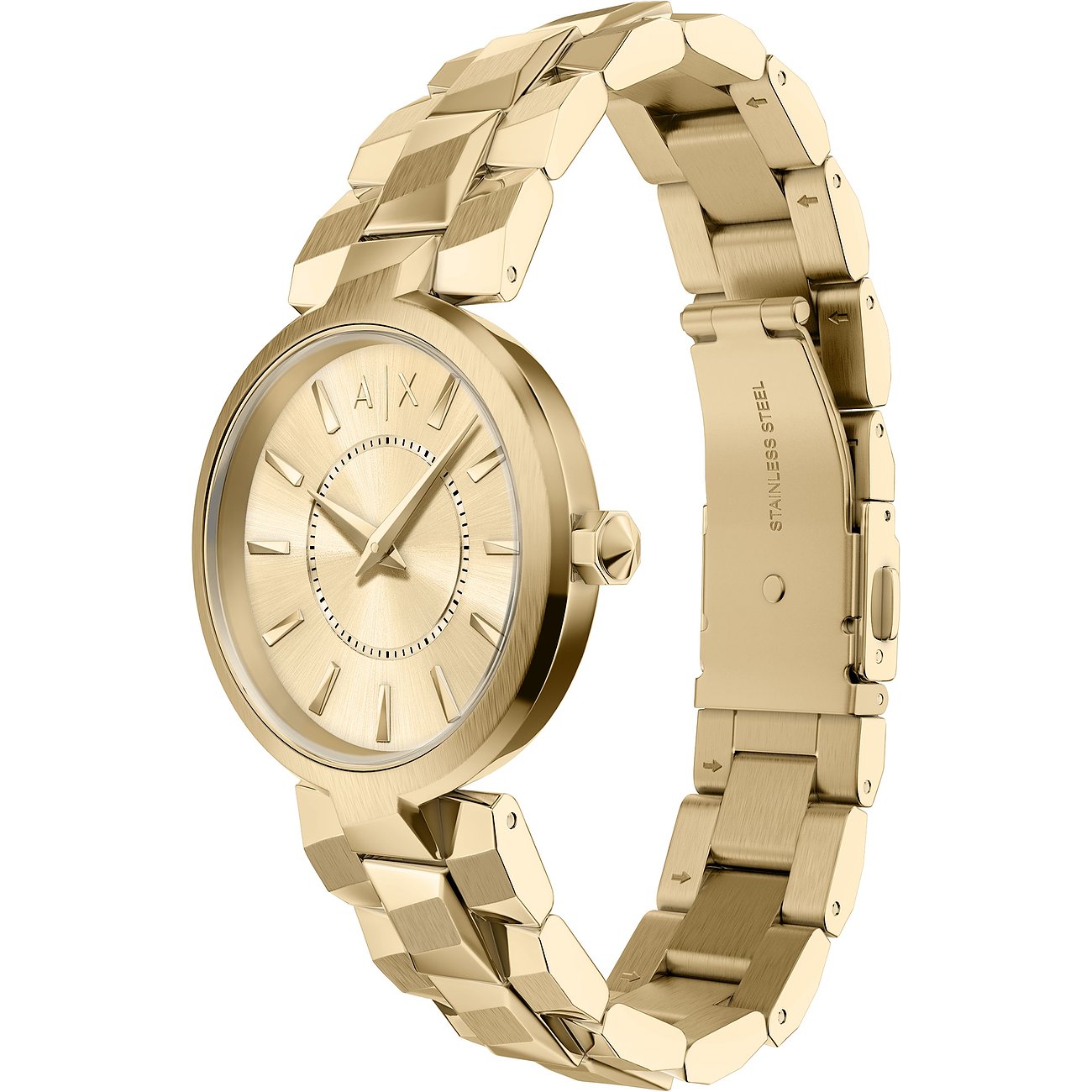 Orologio da donna Armani Exchange in acciaio inossidabile color oro. Il quadrante opaco presenta lancette dorate.