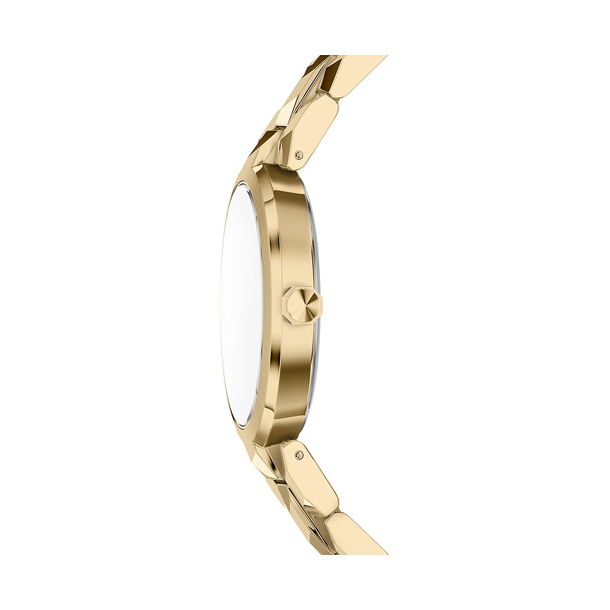 Vista laterale di un orologio da donna Armani Exchange color oro in acciaio inossidabile con corona piatta.