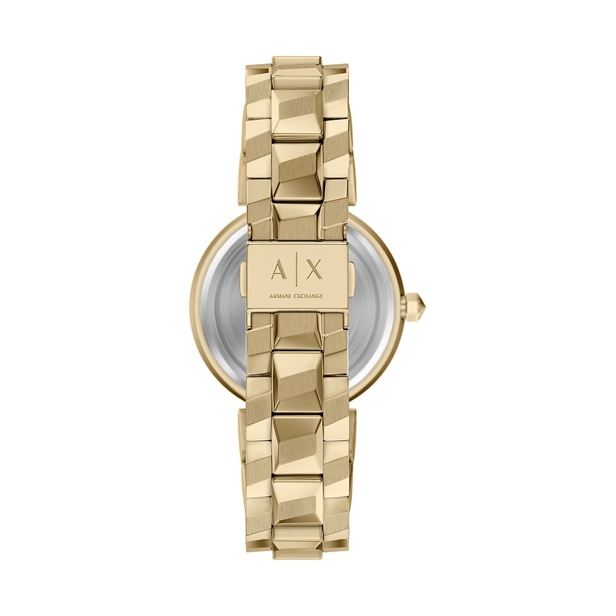 Retro di orologio da donna Armani Exchange in acciaio dorato, con cinturino texturizzato e logo A|X inciso.