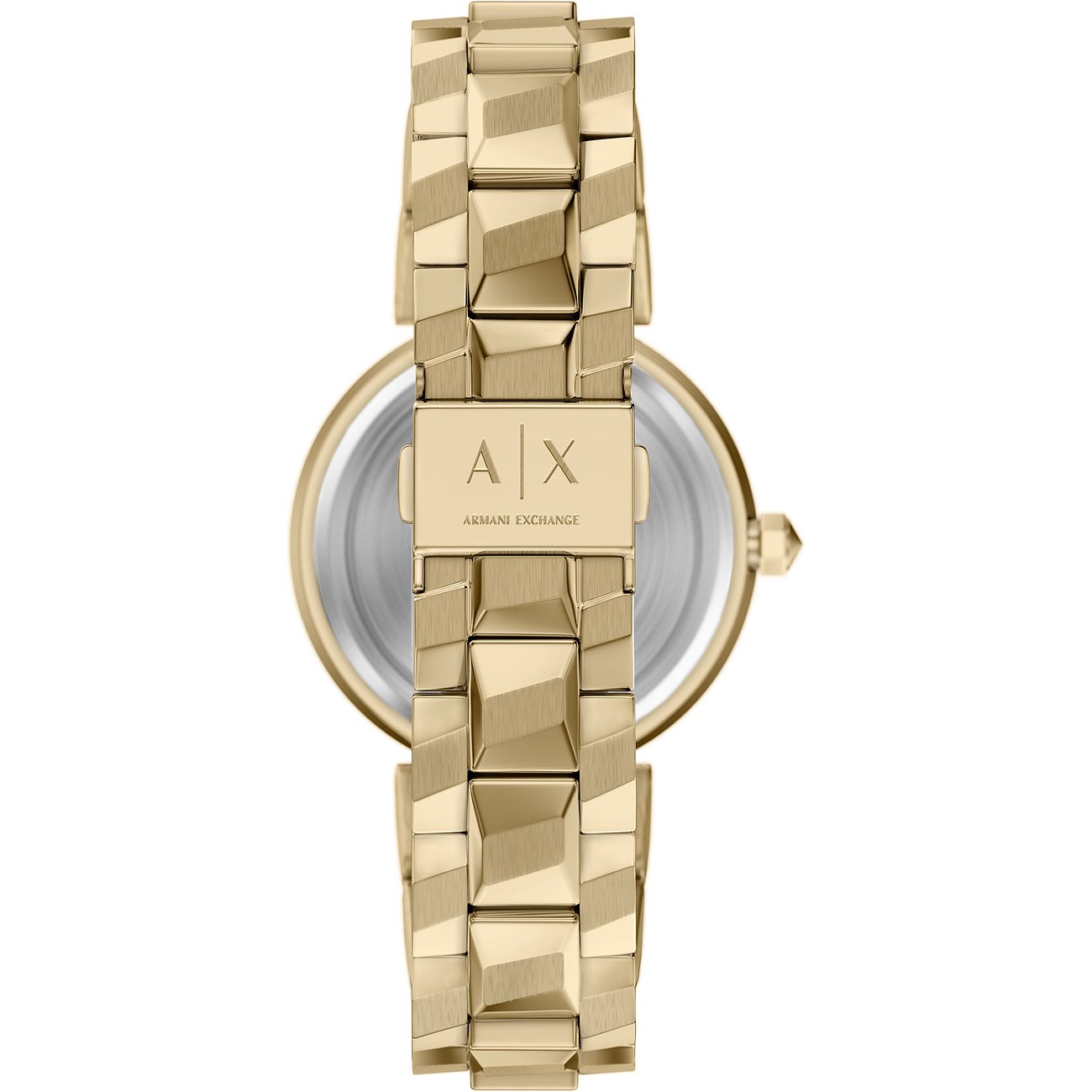 Retro di orologio da donna Armani Exchange in acciaio dorato, con cinturino texturizzato e logo A|X inciso.