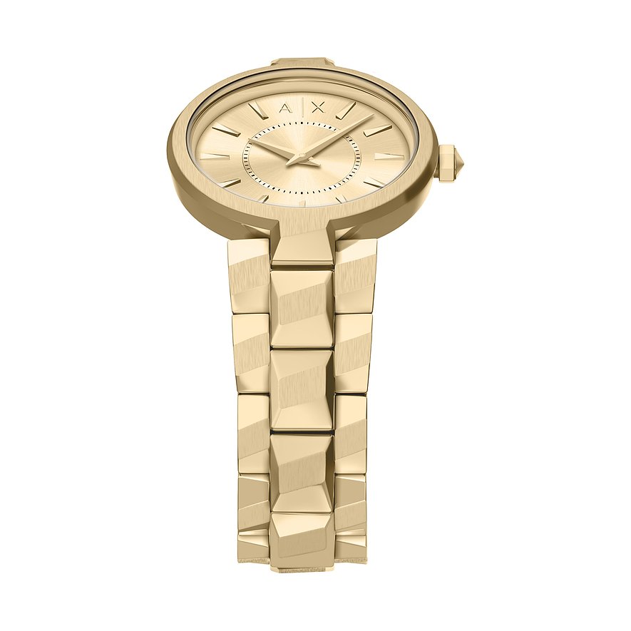 Orologio da donna Armani Exchange in acciaio inossidabile dorato, visto dall'alto. Il quadrante è anch'esso dorato.