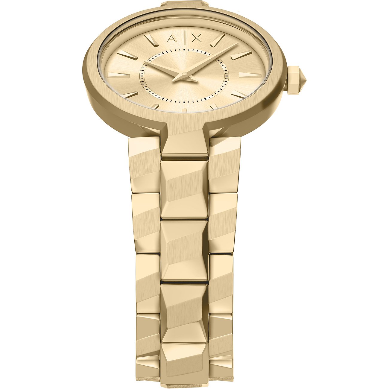 Orologio da donna Armani Exchange in acciaio inossidabile dorato, visto dall'alto. Il quadrante è anch'esso dorato.