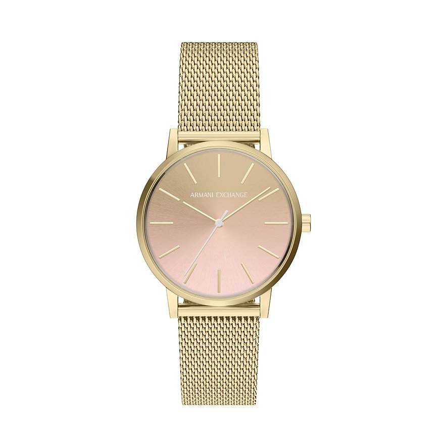 Montre femme Armani Exchange en acier inoxydable doré avec cadran or rose et bracelet à fine maille milanaise.