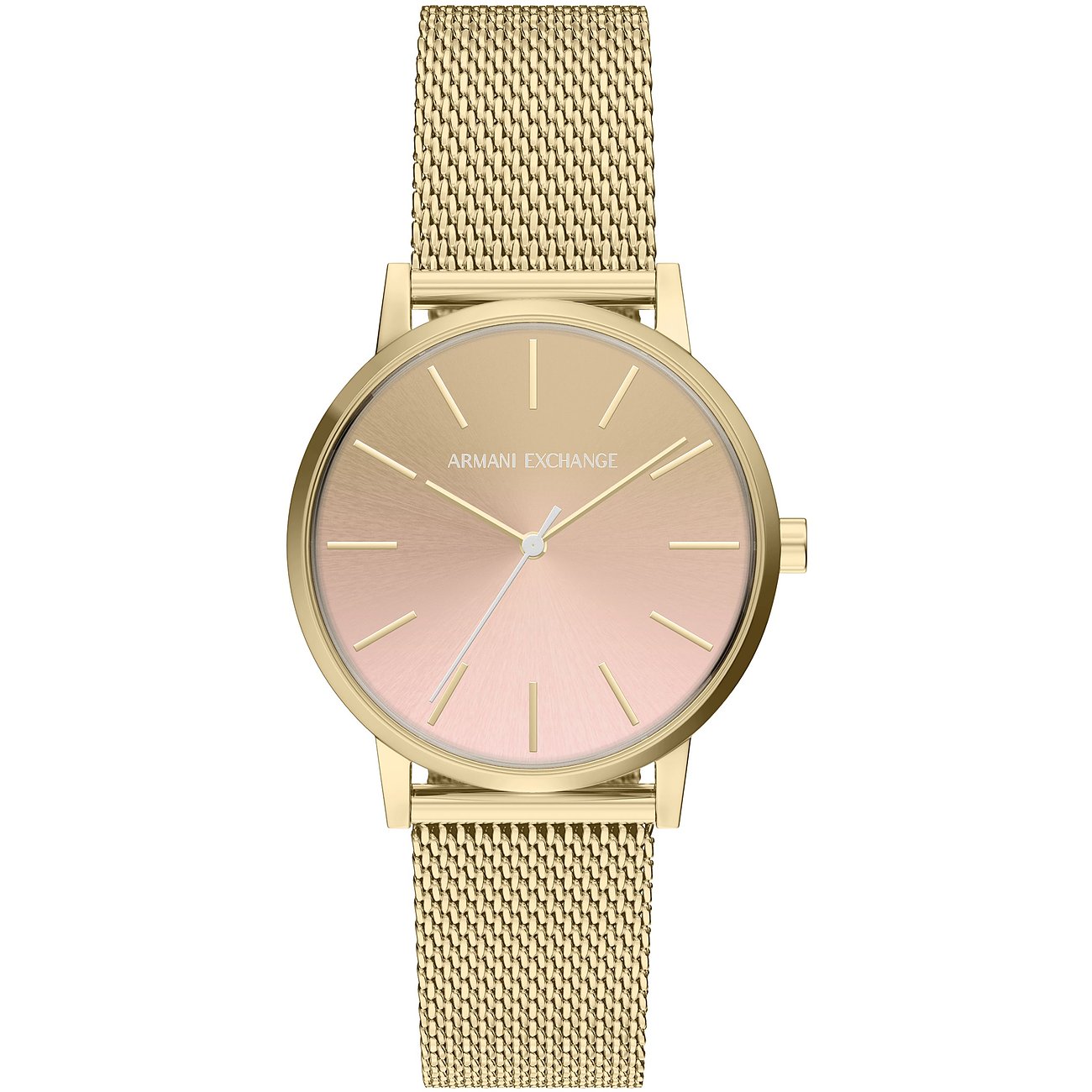 Montre femme Armani Exchange en acier inoxydable doré avec cadran or rose et bracelet à fine maille milanaise.