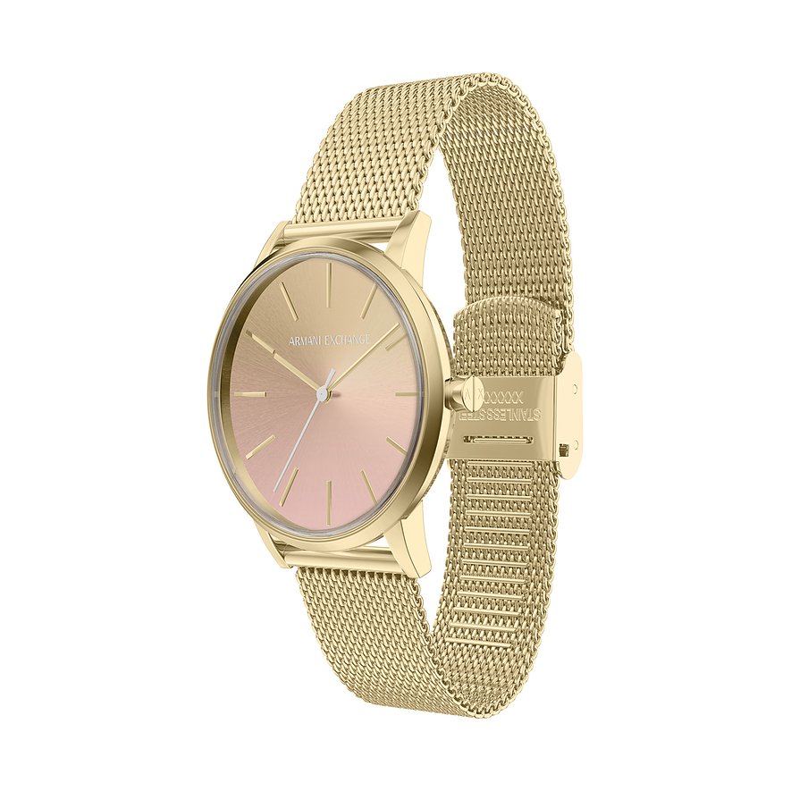 Montre femme Armani Exchange en acier inoxydable doré, cadran or rose, avec bracelet milanais doré.
