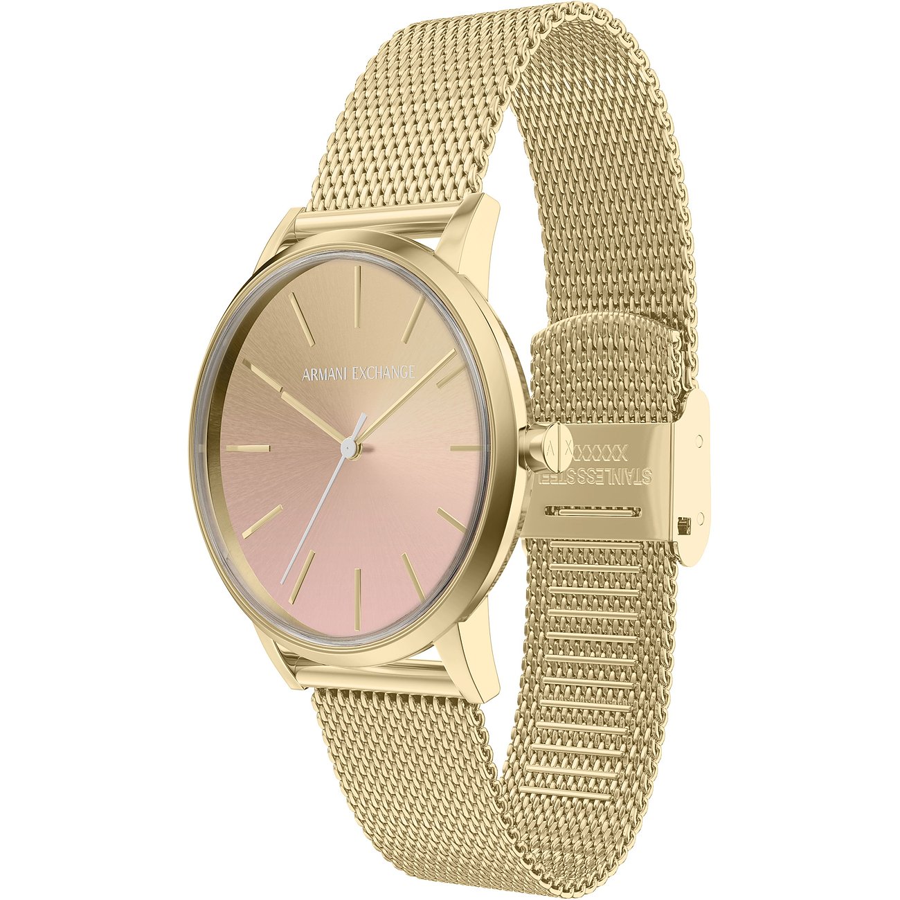 Montre femme Armani Exchange en acier inoxydable doré, cadran or rose, avec bracelet milanais doré.