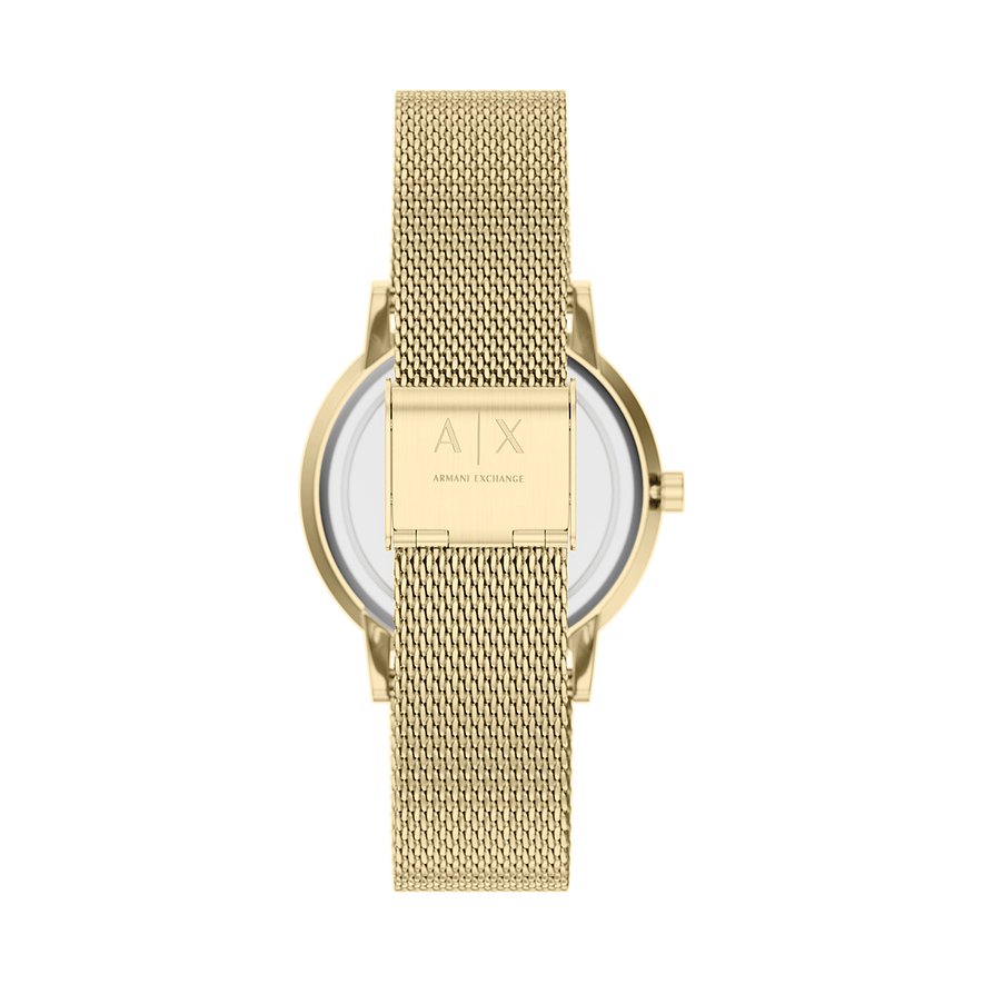 Vue arrière d'une montre femme Armani Exchange en acier inoxydable doré, bracelet milanais et fermoir logo.