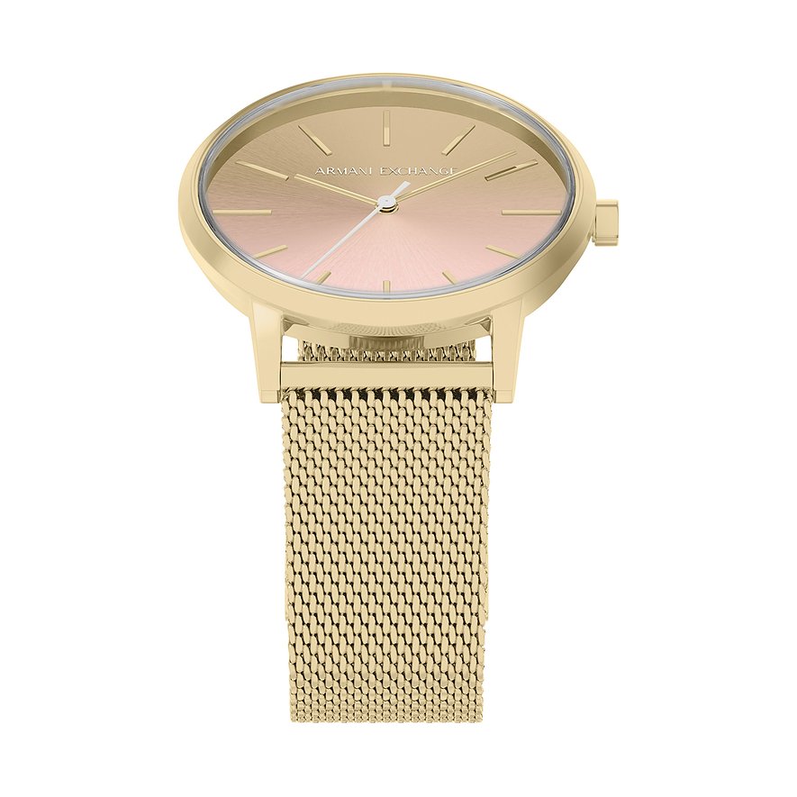 Une montre femme Armani Exchange dorée en acier inoxydable, cadran or rose et bracelet milanais, vue de face.