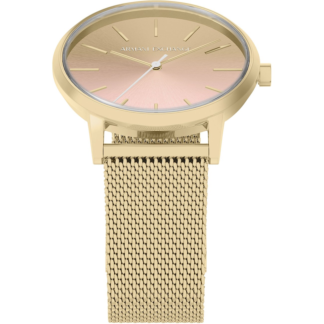 Une montre femme Armani Exchange dorée en acier inoxydable, cadran or rose et bracelet milanais, vue de face.