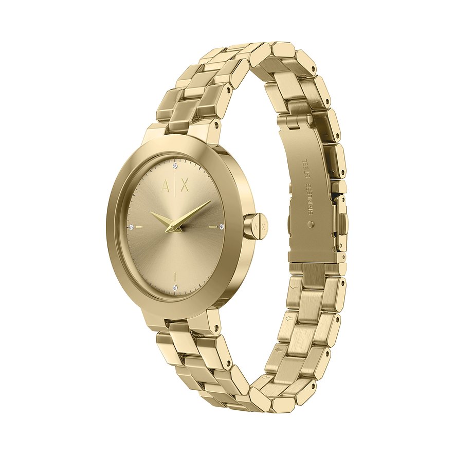 Eine goldfarbene Armani Exchange Armbanduhr aus Edelstahl mit einem runden Zifferblatt und kleinen Schmucksteinen.