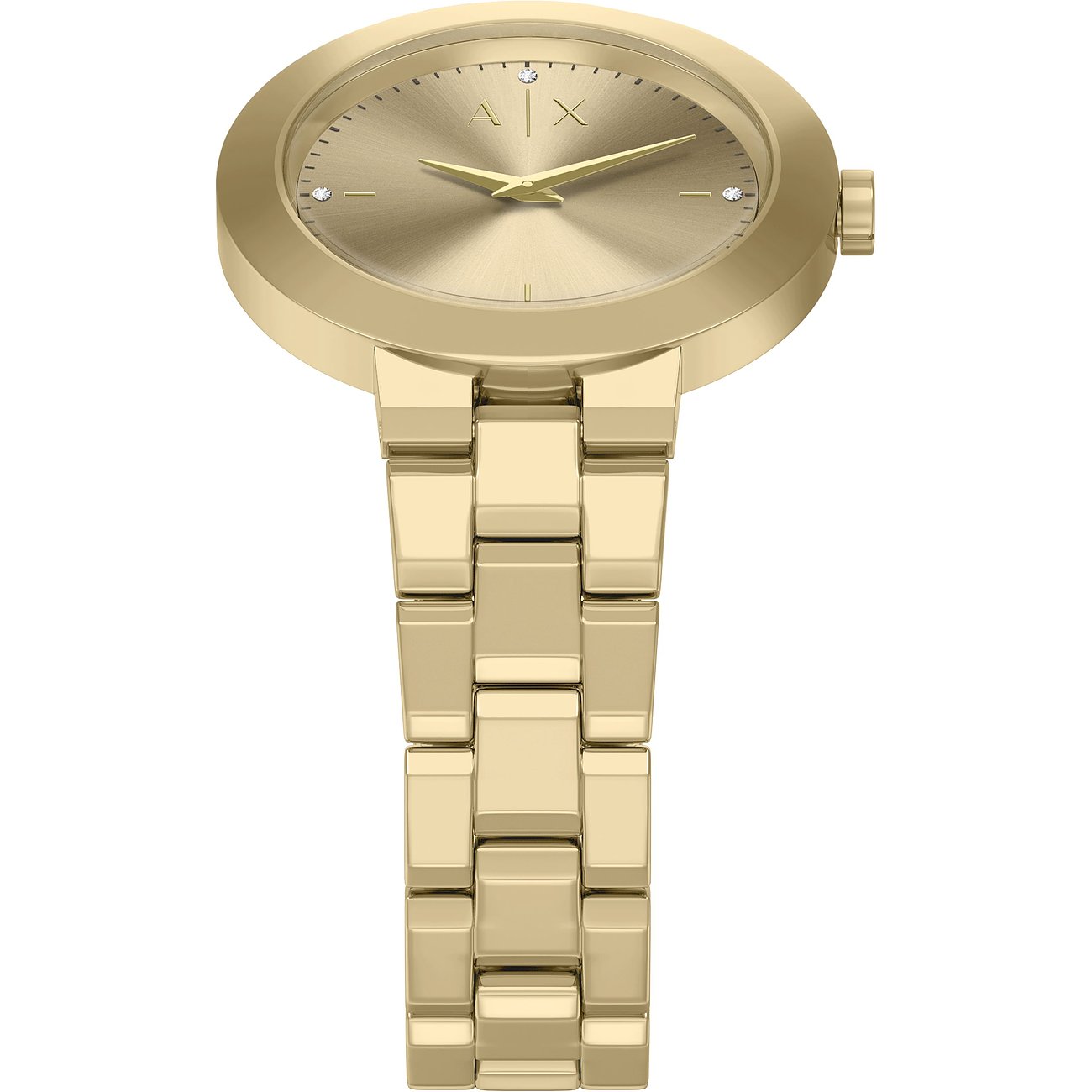 Armani Exchange Golduhr aus goldfarbenem Edelstahl für Frauen, von oben aufgenommen.