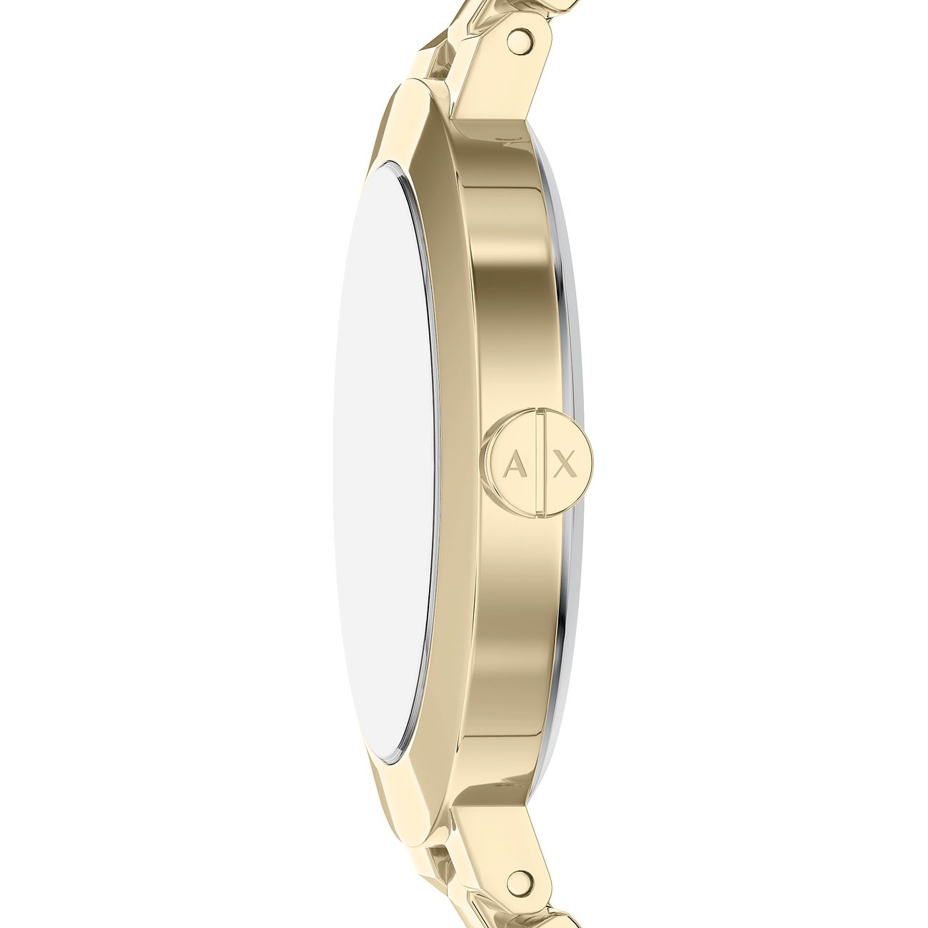 Seitenansicht einer goldenen Armani Exchange Uhr aus Edelstahl mit dem A|X-Logo auf der runden Krone.