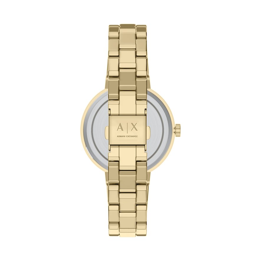 Rückansicht eines goldenen Armani Exchange Edelstahluhr-Sets. Das Armband hat eine Schließe mit dem „AX“-Logo.