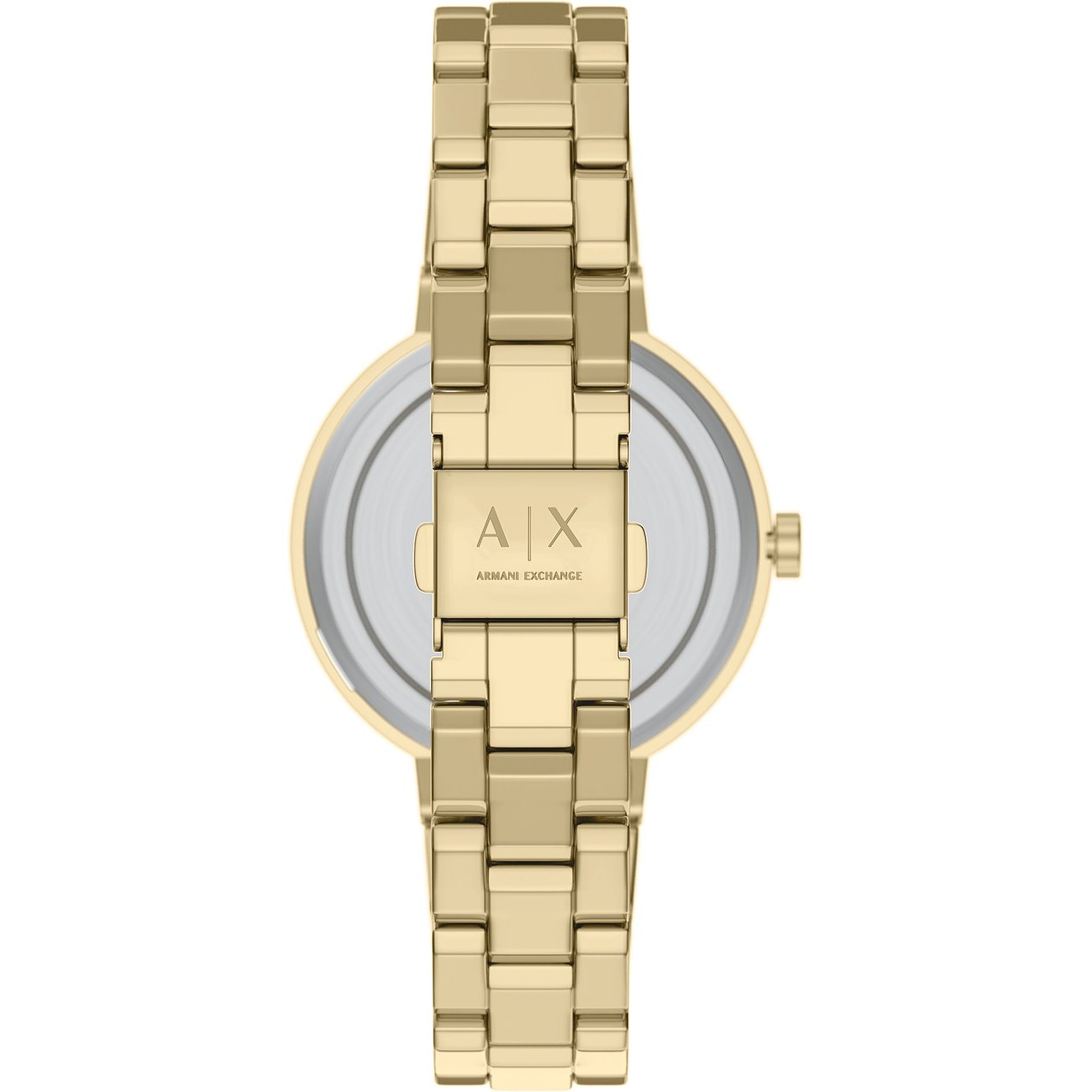 Rückansicht eines goldenen Armani Exchange Edelstahluhr-Sets. Das Armband hat eine Schließe mit dem „AX“-Logo.