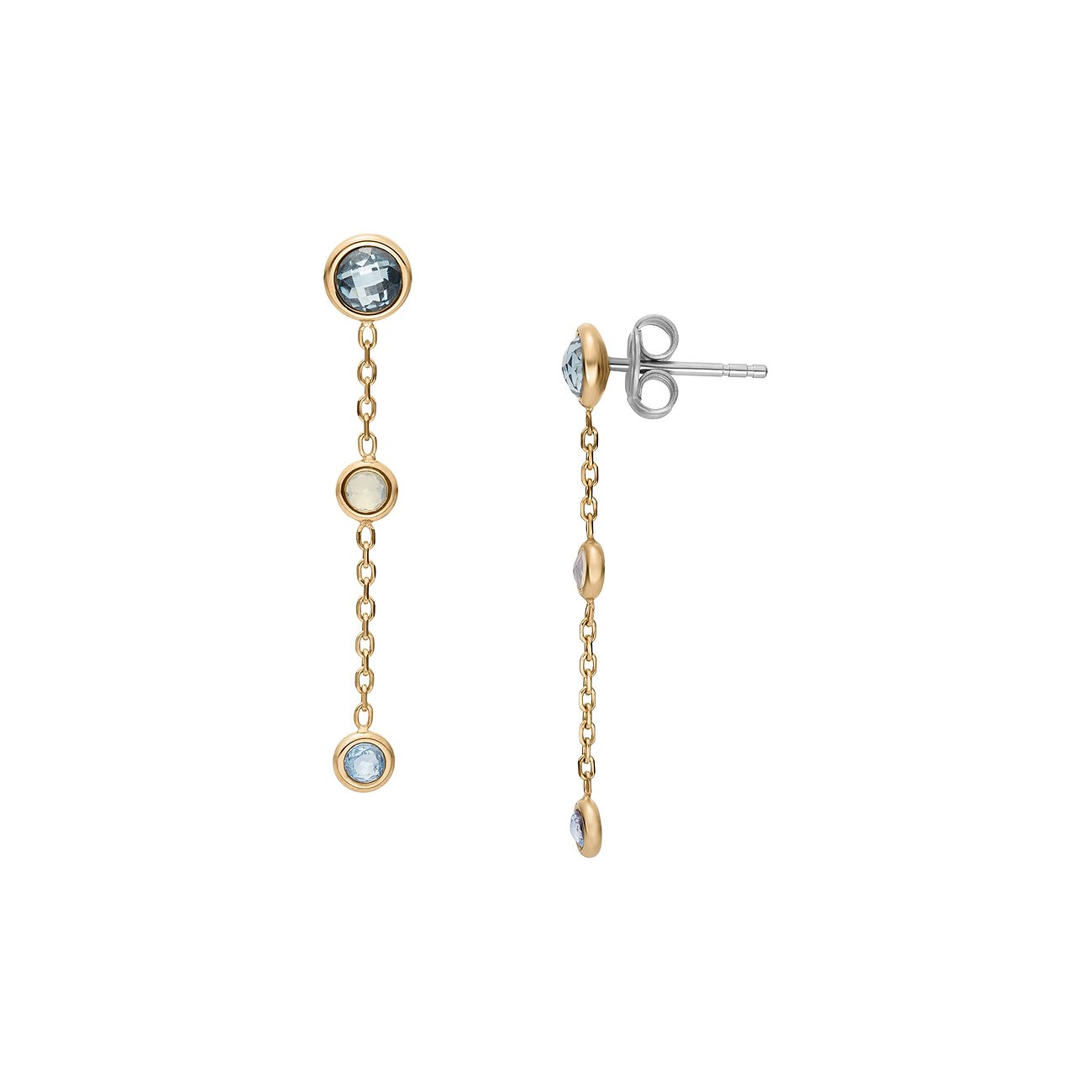 Skagen Ohrringe aus goldfarbenem Edelstahl mit drei runden Glassteinen in Blau und einem milchigen Farbton.