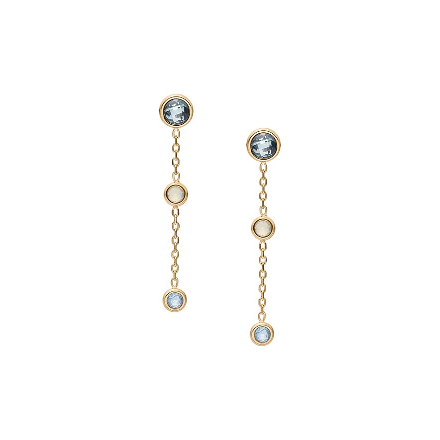 Skagen Ohrschmuck aus goldfarbenem Edelstahl mit drei runden Glassteinen: türkis, hellbeige und blau.